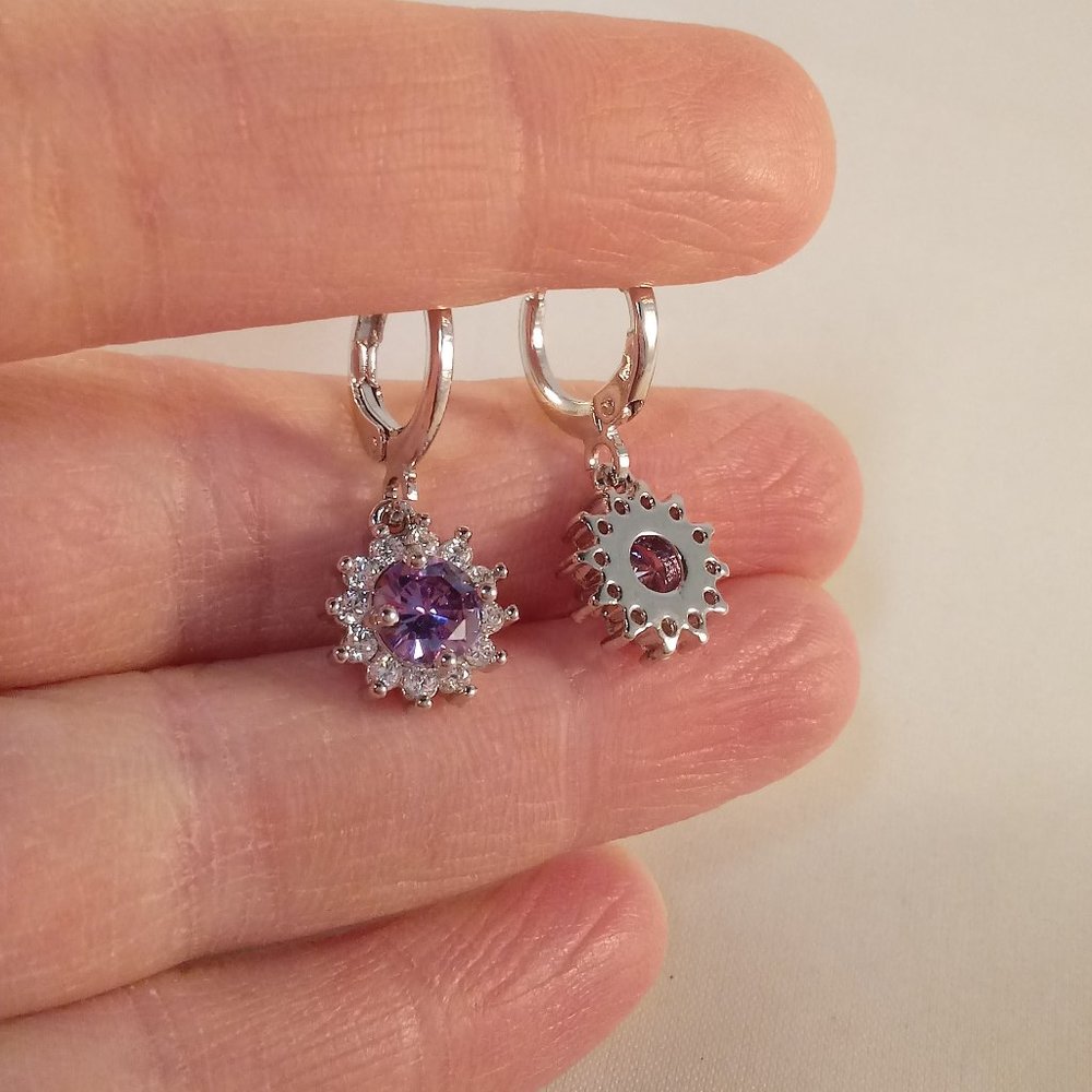 18K White Gold Filled Purple Diamond Zircon Sunflower Dangle Earrings Gorgeous - Picture 3 of 3